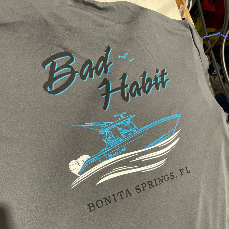 Grey tee with a Bad Habit boat graphic from Bonita Springs, FL