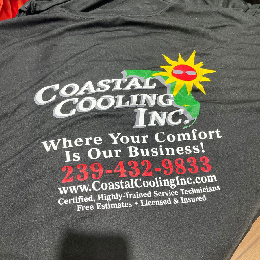 Black tee printed with the Coastal Cooling Inc. logo and phone number