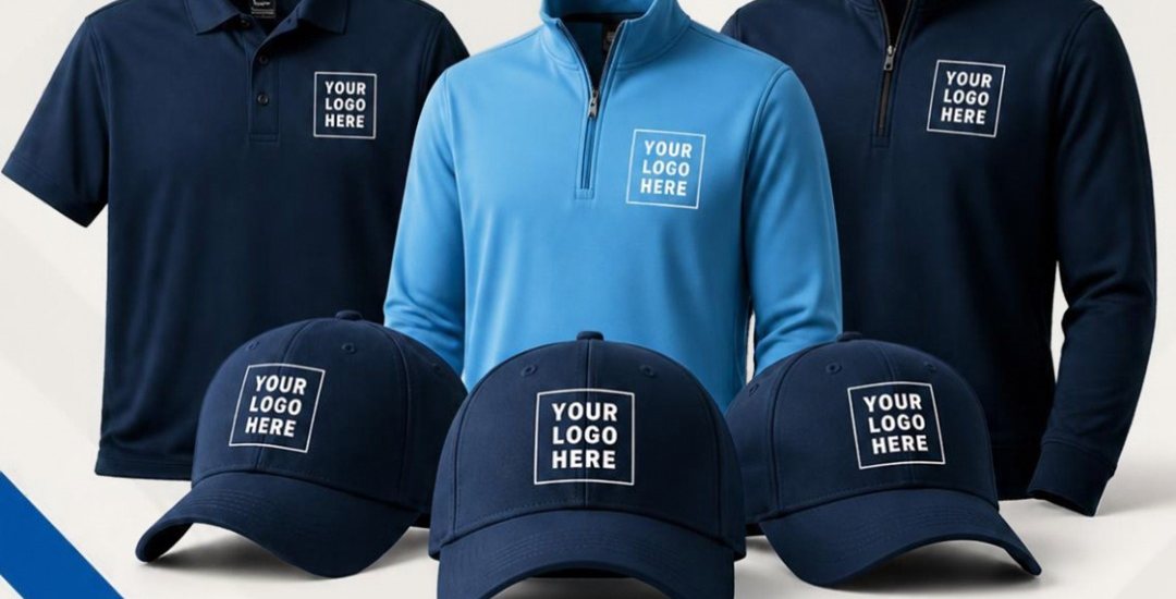 Boot Kit mockup: navy polo, two quarter-zips and three hats with a sample logo