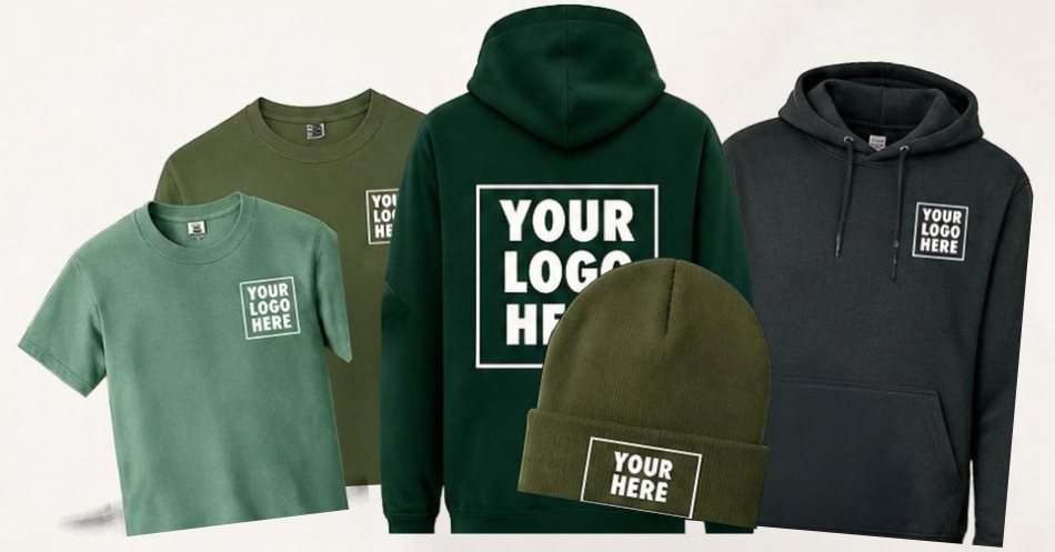 Comfy Kit mockup: green tees, a long sleeve, two hoodies and a beanie with a sample logo
