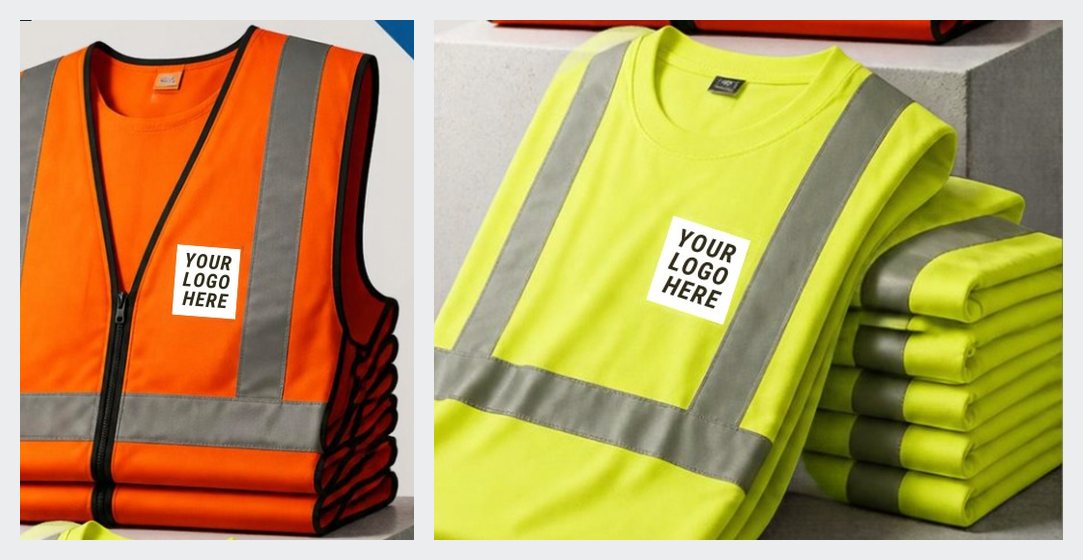 Hi-Vis Crew Pack mockup: an orange safety vest and a stack of yellow safety tees with a sample logo