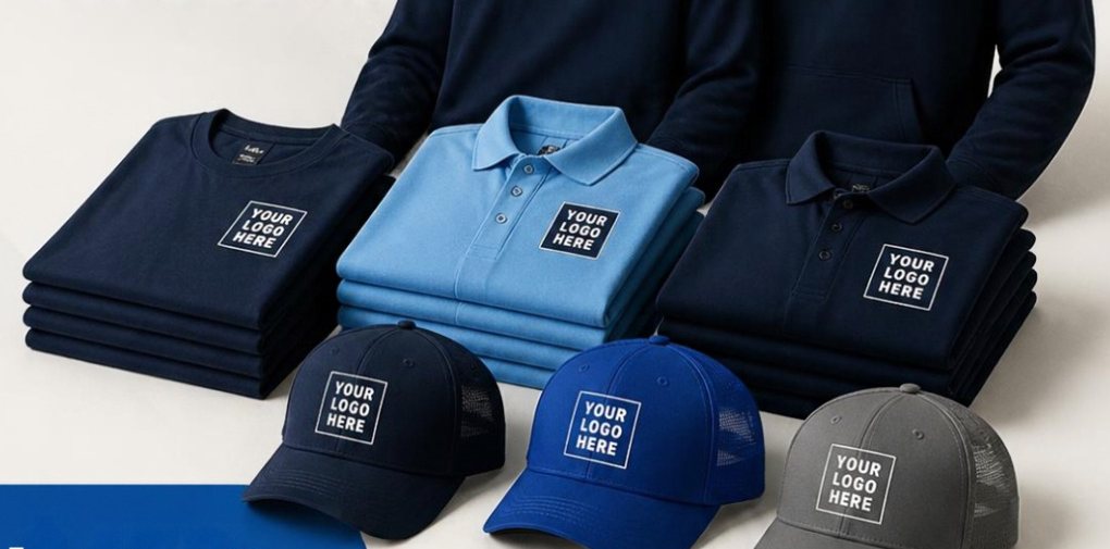 Starter Kit mockup: folded tees and polos, a long sleeve, a hoodie and three hats with a sample logo